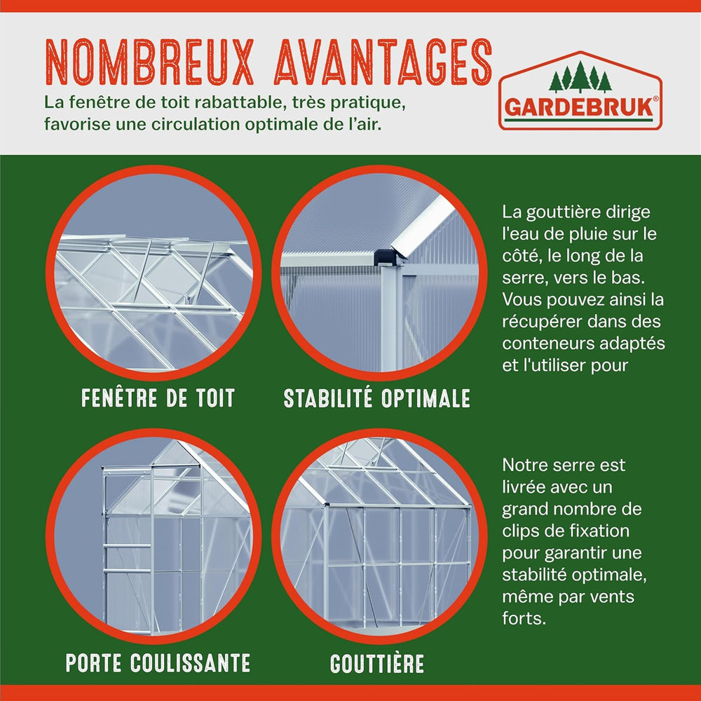 Gardebruk Serre de Jardin en Aluminium 7,63m³ abri extérieur pour Plantes légumes 250x190x195cm avec fenêtres