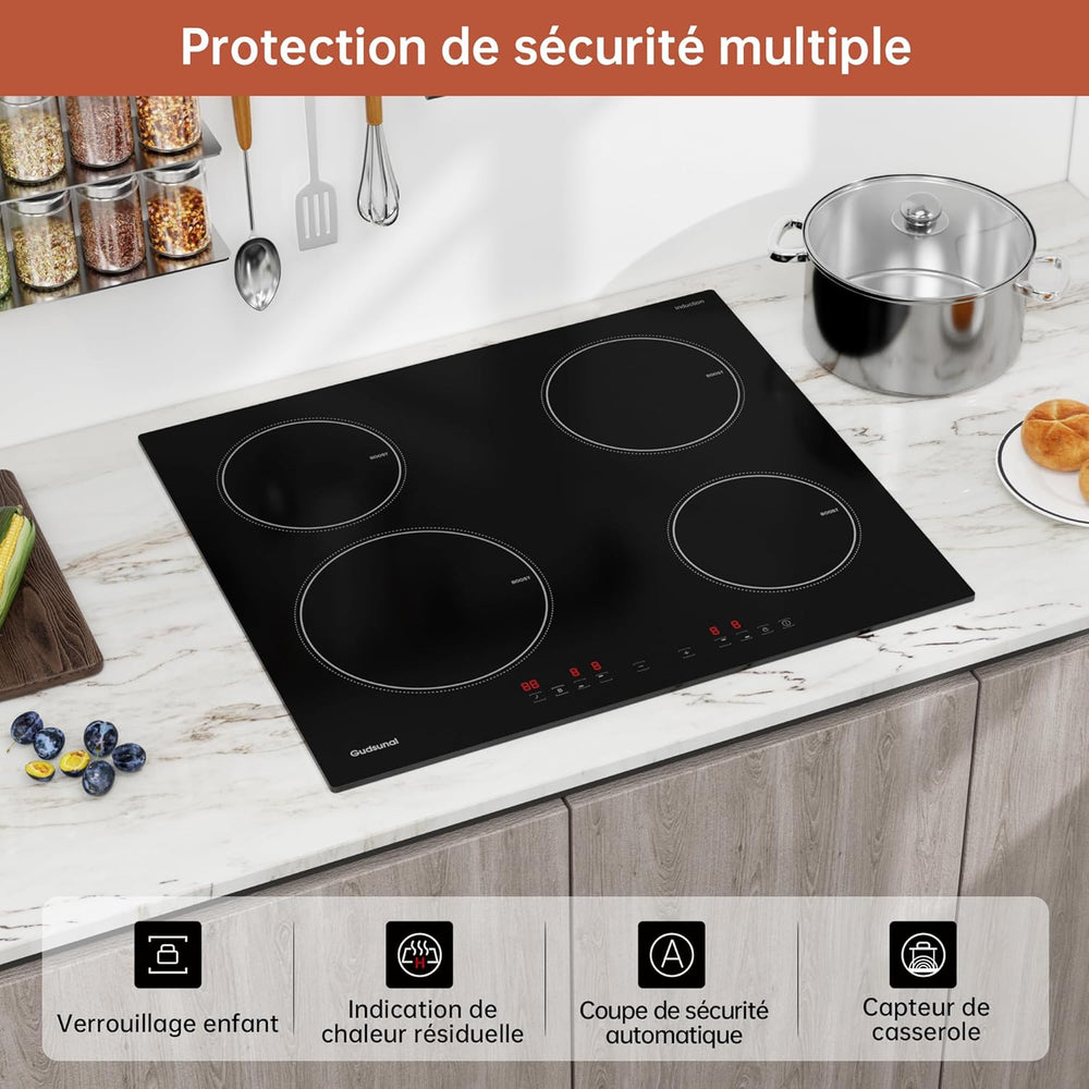 Gudsunal Plaque induction 4 feux, Table de Cuisson Encastrable,7200W, 9 niveaux de chauffage,Boost, Minuterie, Arrêt automatique, Verrouillage de sécurité enfant