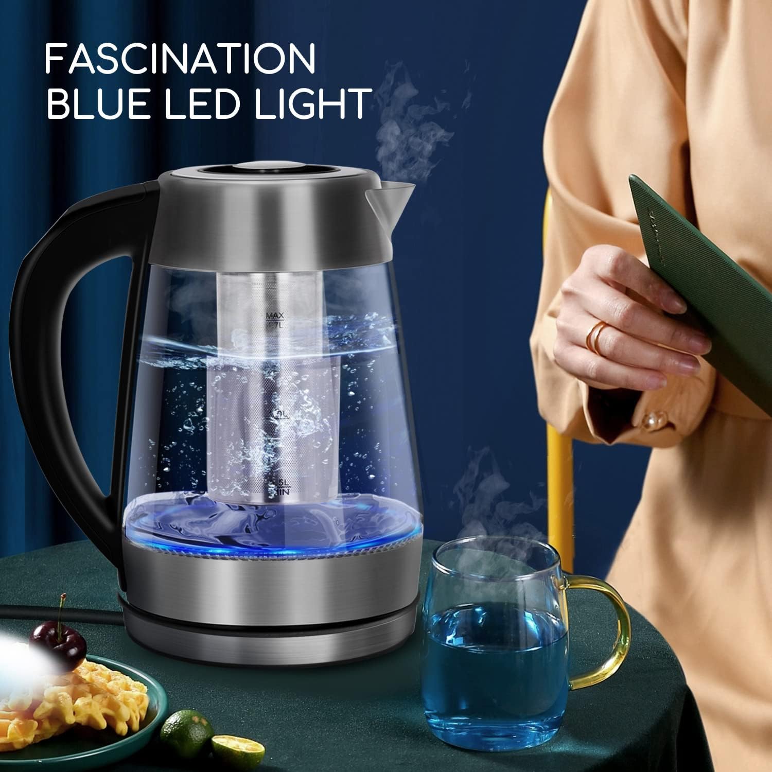 Aigostar Cris - Bouilloire en verre Température Réglable 2200W, 1.7L. Thermostat Réglable (60 à 100ºC) et fonction maintien au chaud, Filtre à thé amovible, éclairage LED de couleurs, Sans BPA.