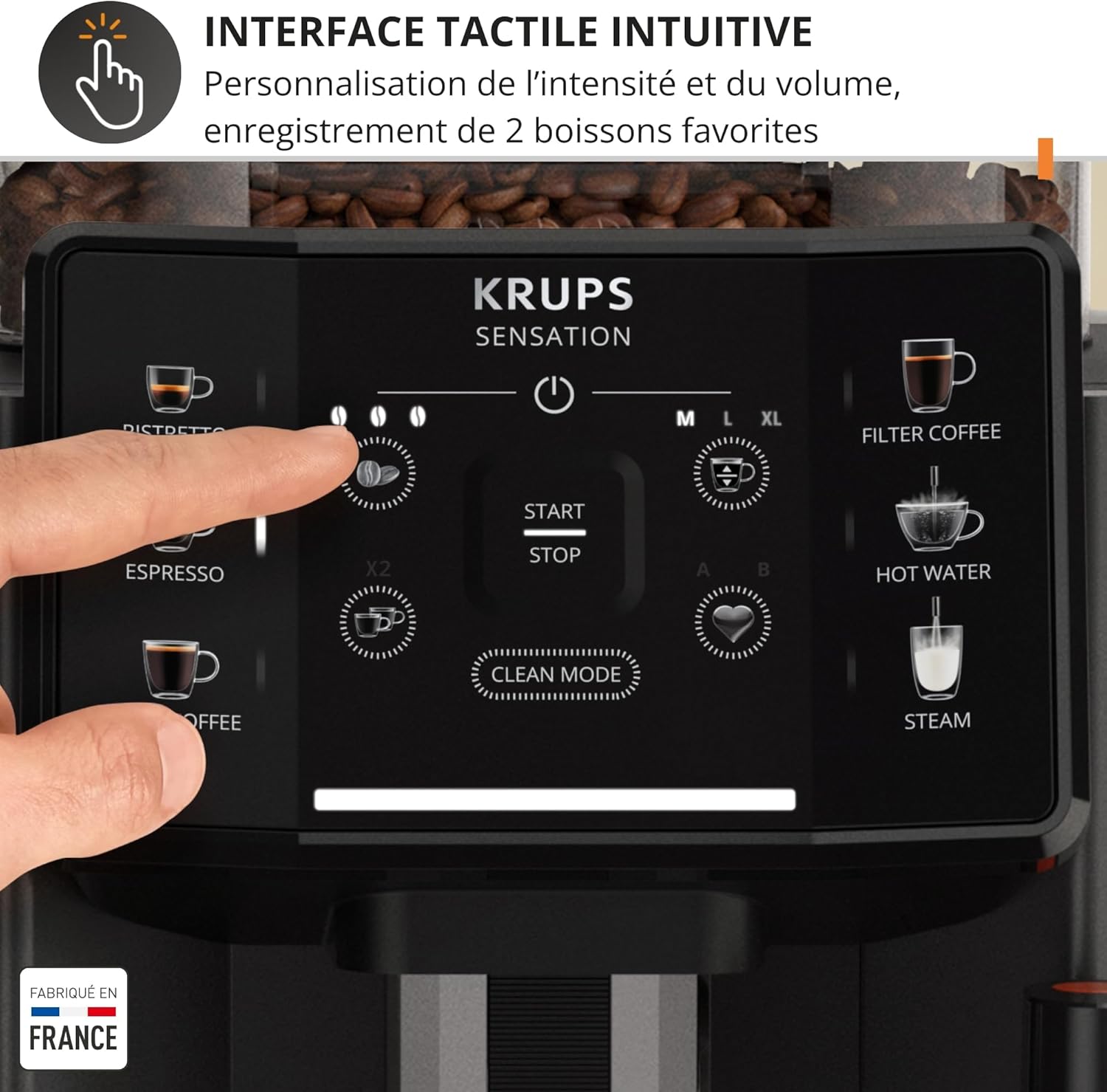 Krups Sensation C50, Machine à café grains, machine expresso, 5 boissons accès direct, Interface tactile, Facile à utiliser, Nettoyage automatique, Buse vapeur Cappuccino, Fabriqué en France EA910810
