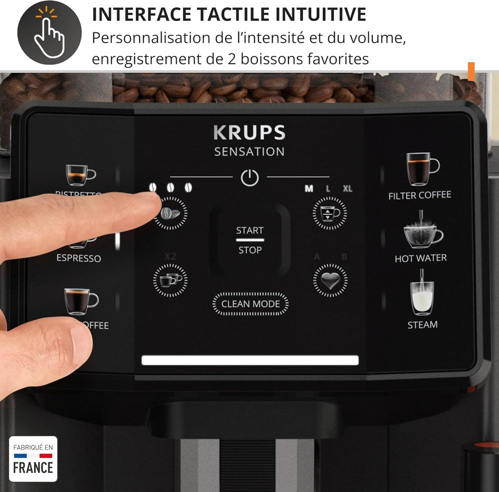 Krups Sensation C50, Machine à café grains, machine expresso, 5 boissons accès direct, Interface tactile, Facile à utiliser, Nettoyage automatique, Buse vapeur Cappuccino, Fabriqué en France EA910810