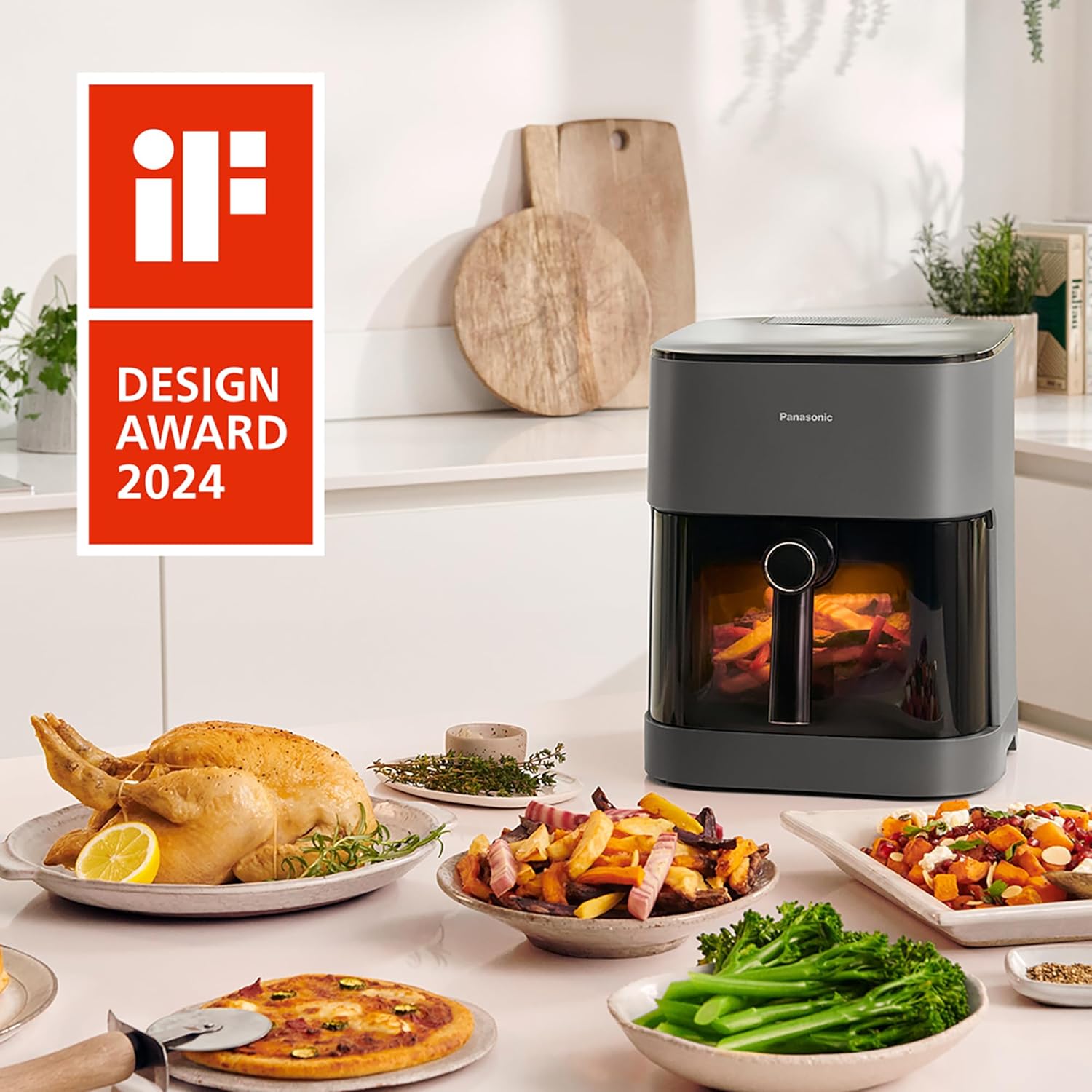 Panasonic NF-CC500SXE AirFryer Friteuse sans huile avec Hublot, 5L, 80-200°C, Minuterie Numérique et Écran LCD, Vapeur Douce, 11 Préréglages, Nettoyage Facile, Gris Mat
