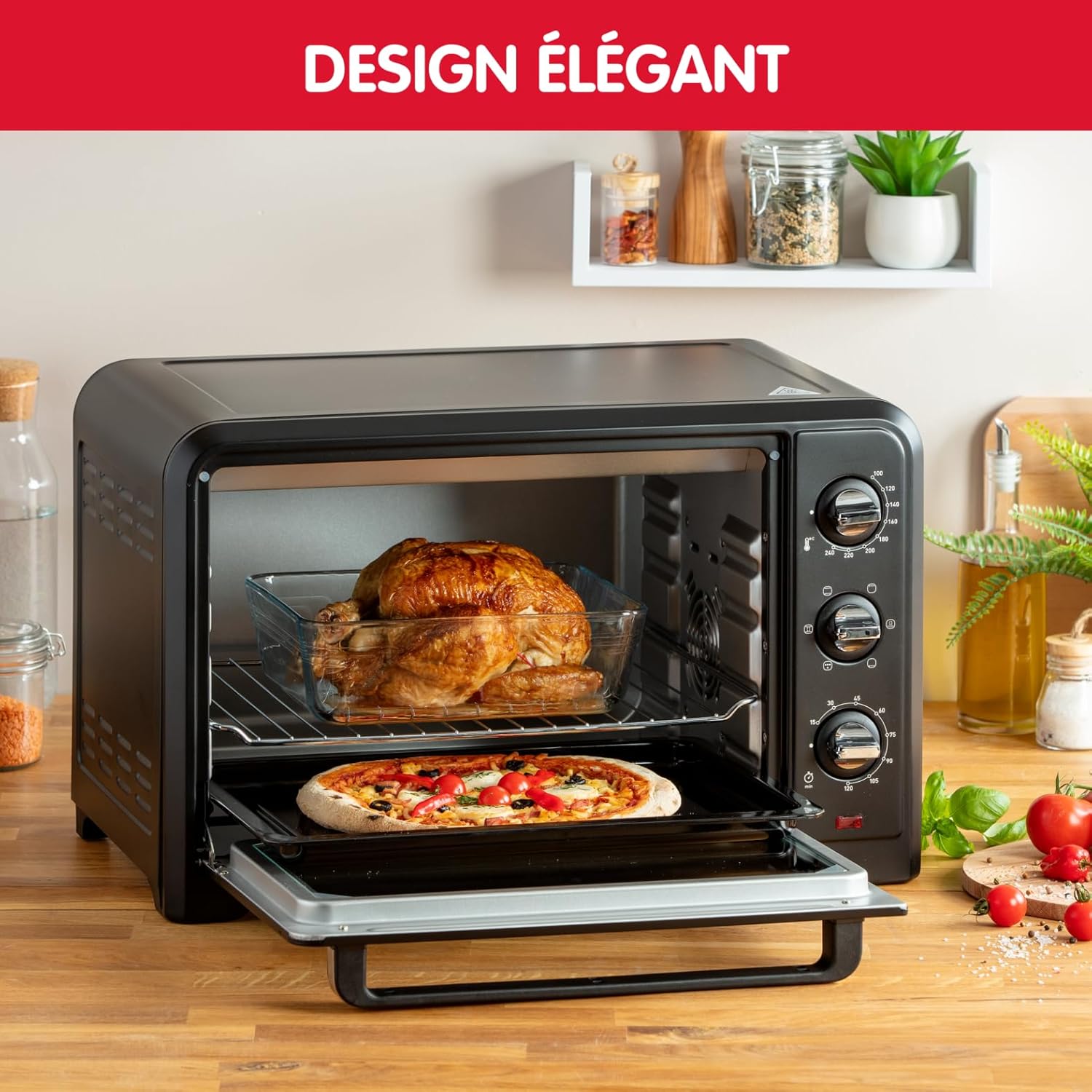 Moulinex Oven, 33 L, Rotating heat, Advanced convection, 6 cooking modes, Thermostat adjustable up to 240°C, Timer 120 min, Reversible grill, Silicone oven mitts, Optimo Black OX464811