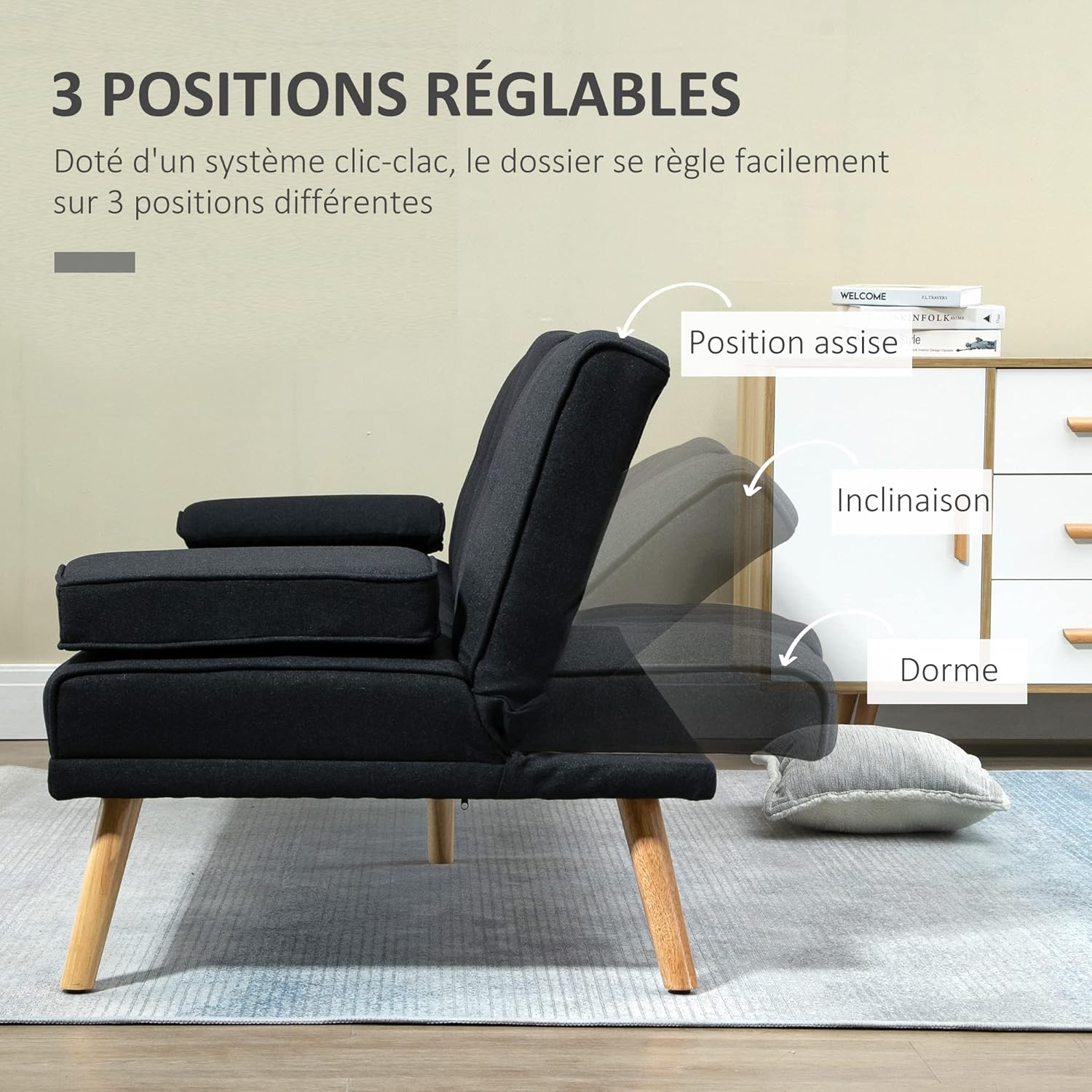 HOMCOM Canapé Convertible 3 Places Design scandinave Inclinaison Dossier réglable 3 Niveaux Dossier Centrale Rabattable 2 Porte-Verres Bois Massif Lin Gris