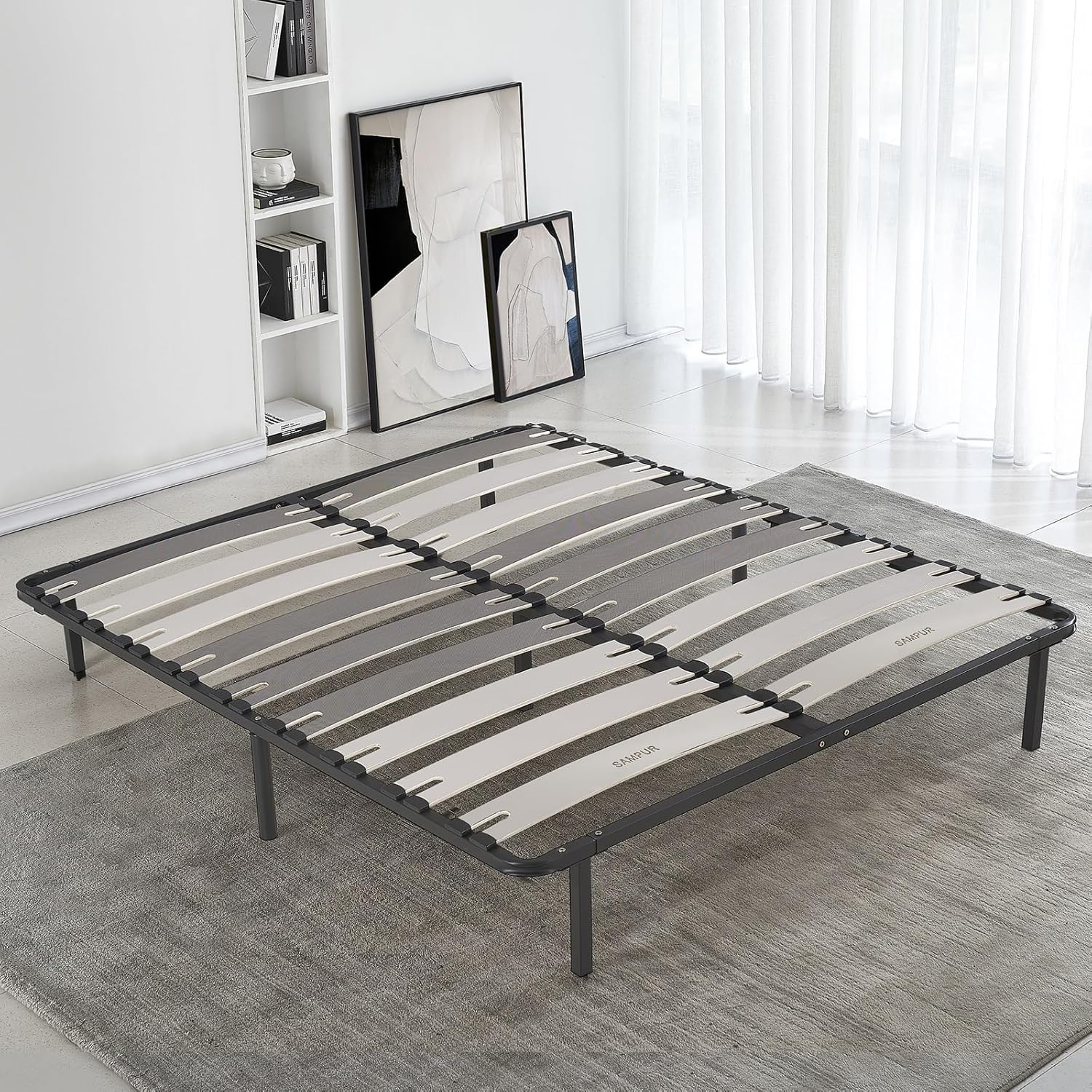 SAMPUR - Morpholattes bed base | 90 x 190 cm | 7 legs included | Grey | 25 cm high | epoxy lacquered metal frame | Extra wide slats | 5 support zones