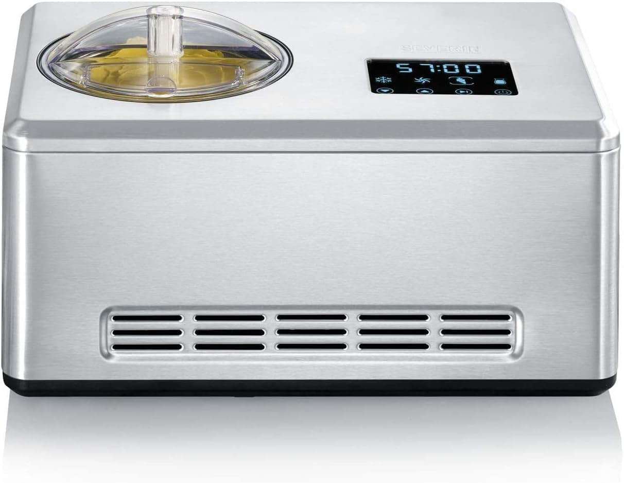 SEVERIN EZ 7405 2-in-1 Ice Cream Maker, Includes Ice Cream Container (2L) and Recipe Book, Digital Timer, Lid Open, Silver