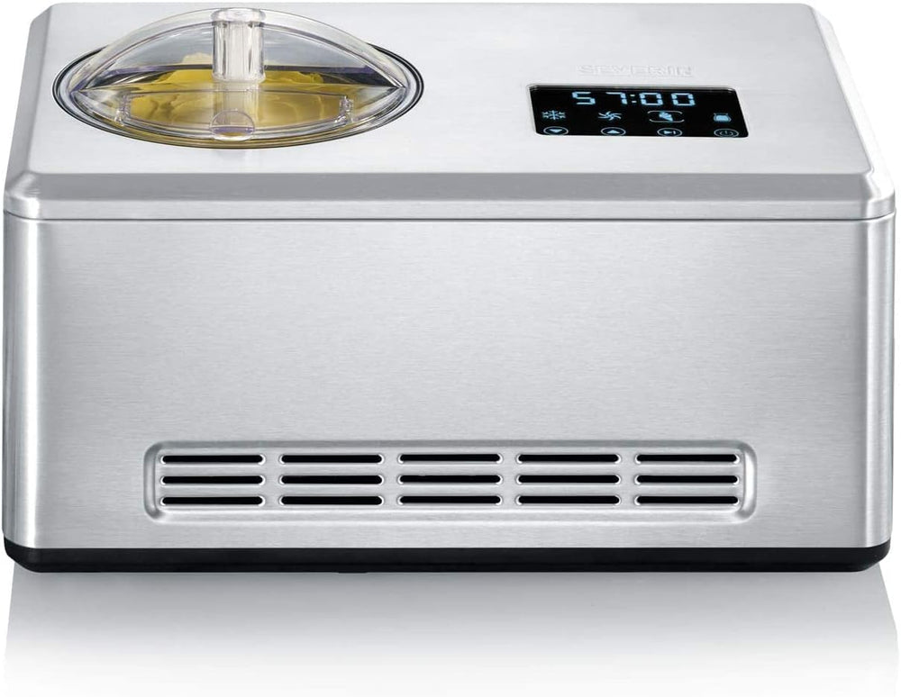 SEVERIN EZ 7405 2-in-1 Ice Cream Maker, Includes Ice Cream Container (2L) and Recipe Book, Digital Timer, Lid Open, Silver