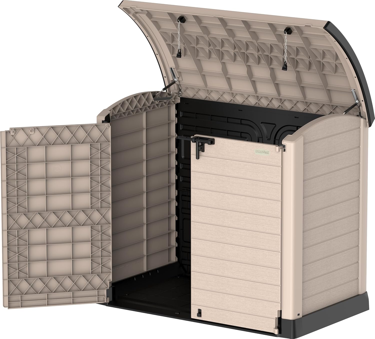 Duramax StoreAway 1200L Plastic Garden Shed/ Flat Lid, Outdoor Storage Shed, Wheelie Bin Hideaways, Wheelie bin box, Durable Construction, Ideal for Bikes, BBQs & 2x 240L Bins, 145x85x125 cm, Brown