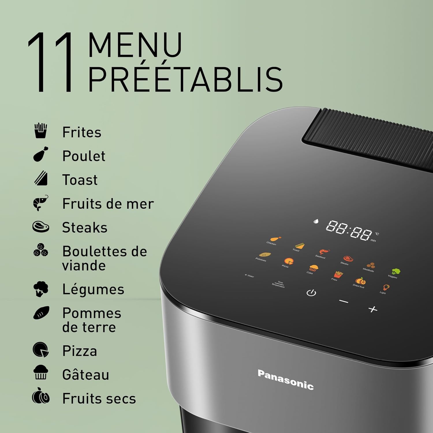Panasonic NF-CC500SXE AirFryer Friteuse sans huile avec Hublot, 5L, 80-200°C, Minuterie Numérique et Écran LCD, Vapeur Douce, 11 Préréglages, Nettoyage Facile, Gris Mat