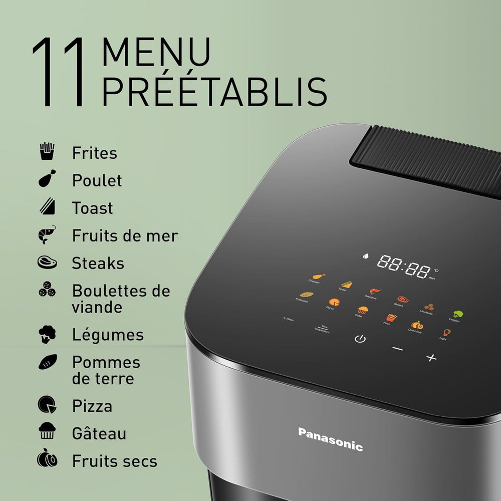 Panasonic NF-CC500SXE AirFryer Friteuse sans huile avec Hublot, 5L, 80-200°C, Minuterie Numérique et Écran LCD, Vapeur Douce, 11 Préréglages, Nettoyage Facile, Gris Mat