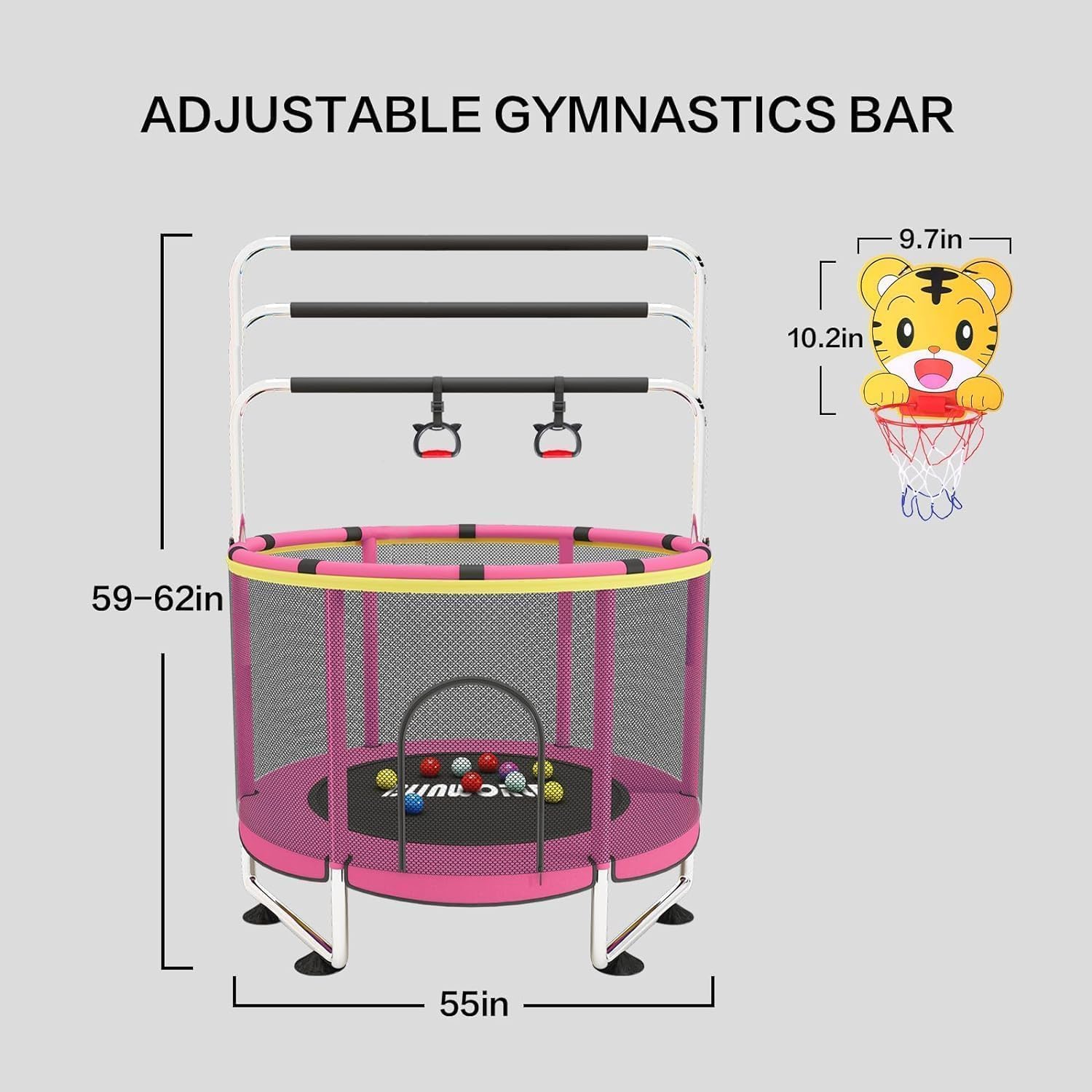 Trampoline pour Enfants, Trampoline réglable pour bébé avec Panier de Basket-Ball, Trampoline intérieur et extérieur de 200 kg avec enclos