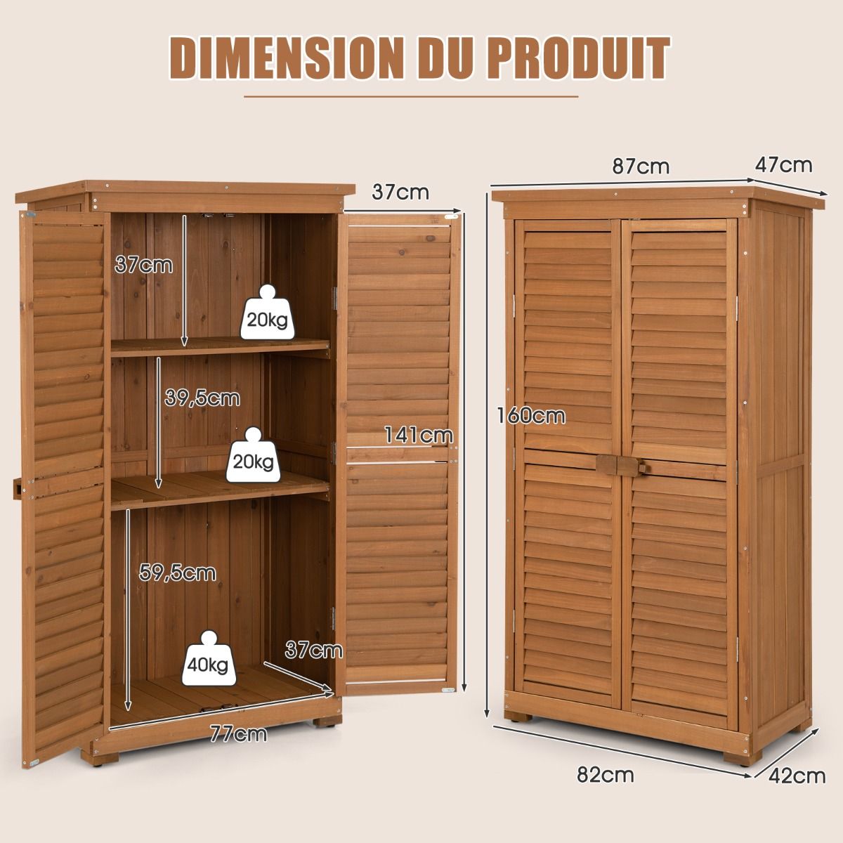 Abri de Jardin En Bois 160 Cm Toit en Asphalte 2 Portes Verrouillables avec Loquet Armoire Cabane en Sapin Pré-Huilé Imperméable 3 Étagères Amovibles Naturel