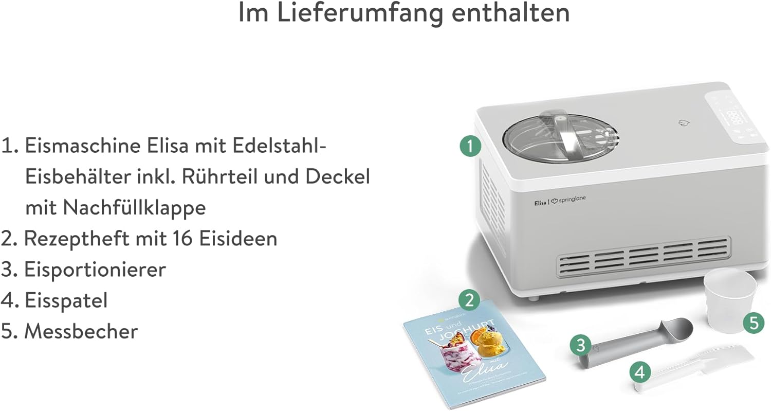 Elisa 2.0L Ice Cream Maker and Yogurt Maker with 180W Self-Cooling Compressor, Stainless Steel Ice Cream Maker with Cooling and Heating Function, Recipe Booklet Included
