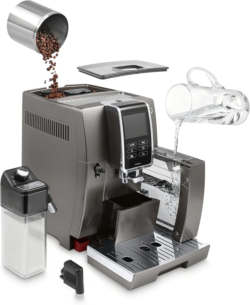 De'Longhi Dinamica LatteCrema Espresso Machine with Automatic Milk Frother for Latte, Cappuccino, Built-in Grinder, Silver, ECAM35075SI