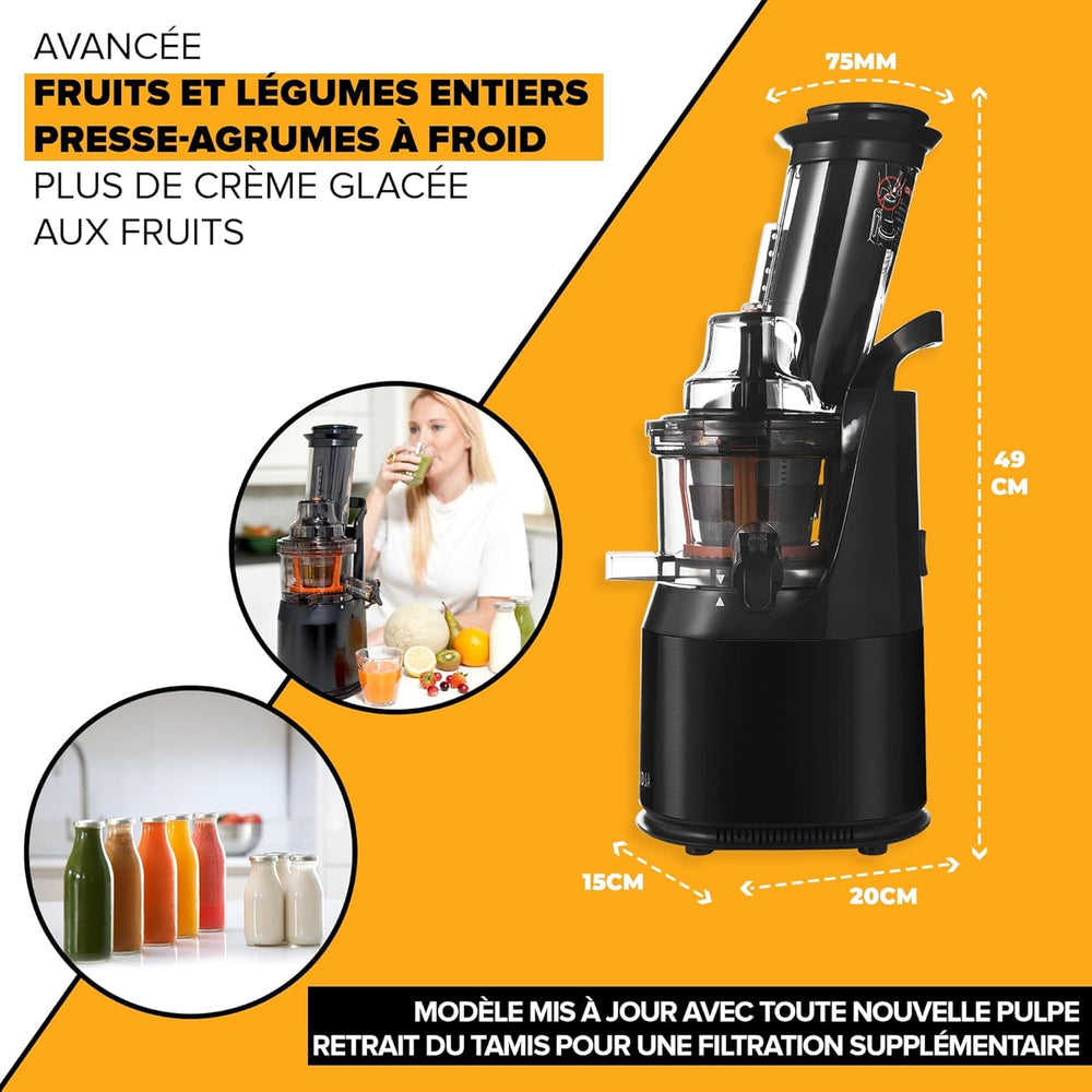 Slow Chewing, Slow Juicer, Fresh and Healthy Juice, Sorbet, Ice Cream, Mouth 75 mm, BPA Free, 240 Watts, Cold Pressure, Stainless Steel Black Fridja f1900