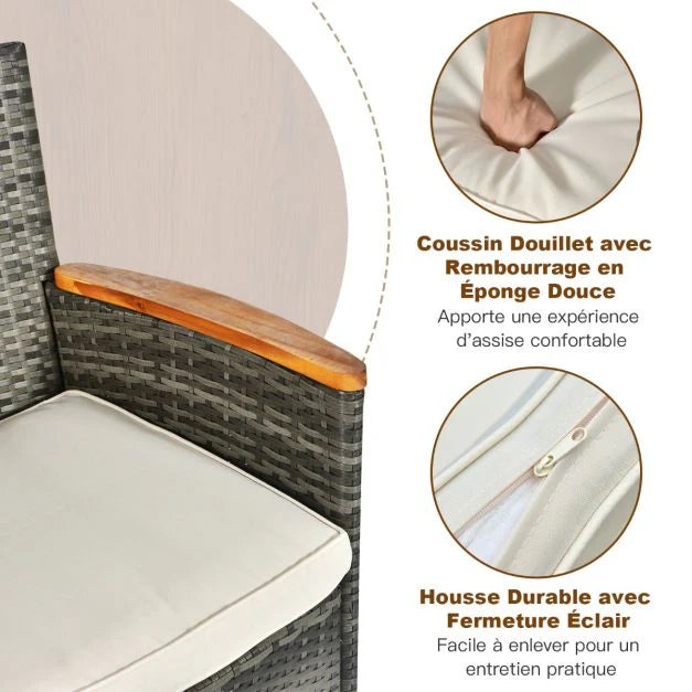 Salon de jardin avec 1 table et 8 chaises en bois et rotin anti-uv pieds réglables et coussins imperméables inclus 20_0009211