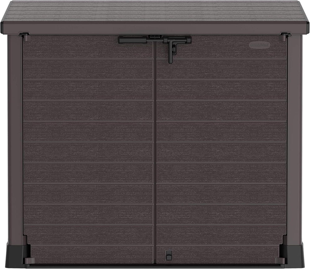 Duramax StoreAway 1200L Plastic Garden Shed/ Flat Lid, Outdoor Storage Shed, Wheelie Bin Hideaways, Wheelie bin box, Durable Construction, Ideal for Bikes, BBQs & 2x 240L Bins, 145x85x125 cm, Brown