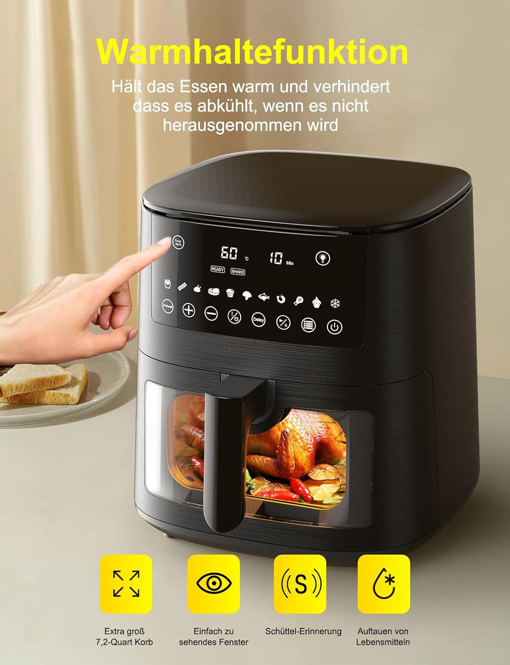 9L Dual Zone Air Fryer avec Fenêtre de Visualisation, Friteuse sans Huile avec 2 Tiroir, 9-in-1 Programmes de Cuisson, Écran Tactile, Fonction Rendez-vous, Faible en Grasses, Va au Lave-vaisselle