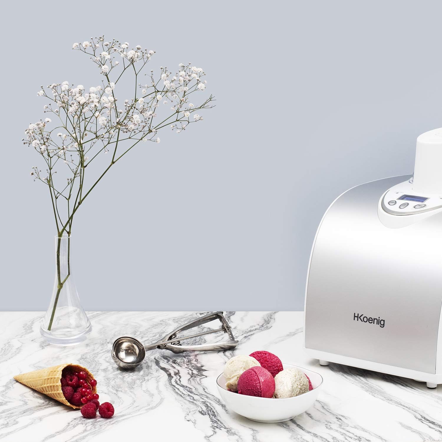 H.Koenig Professional Ice Cream Maker HF320, Electric Ice Maker 2L, 180 W, Refrigerant & Cold Maintenance - Sorbet and Ice Cream