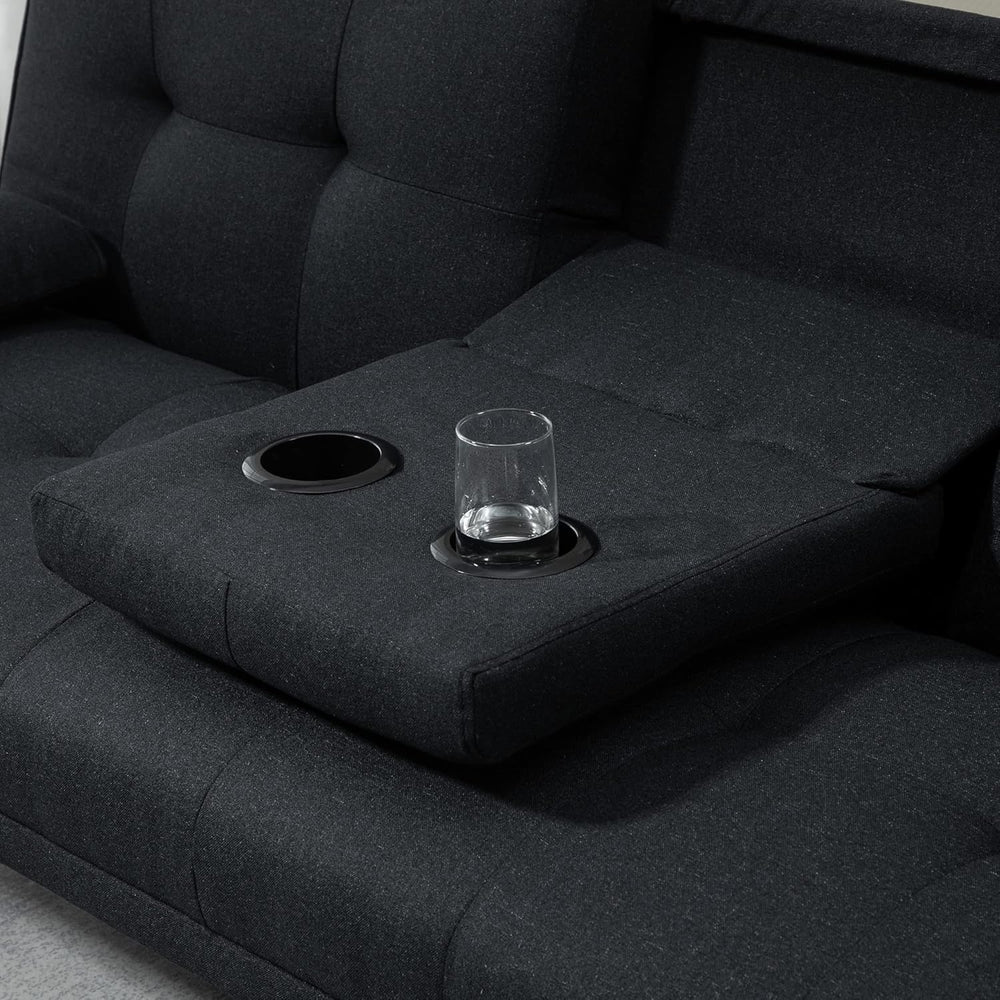 HOMCOM Canapé Convertible 3 Places Design scandinave Inclinaison Dossier réglable 3 Niveaux Dossier Centrale Rabattable 2 Porte-Verres Bois Massif Lin Gris
