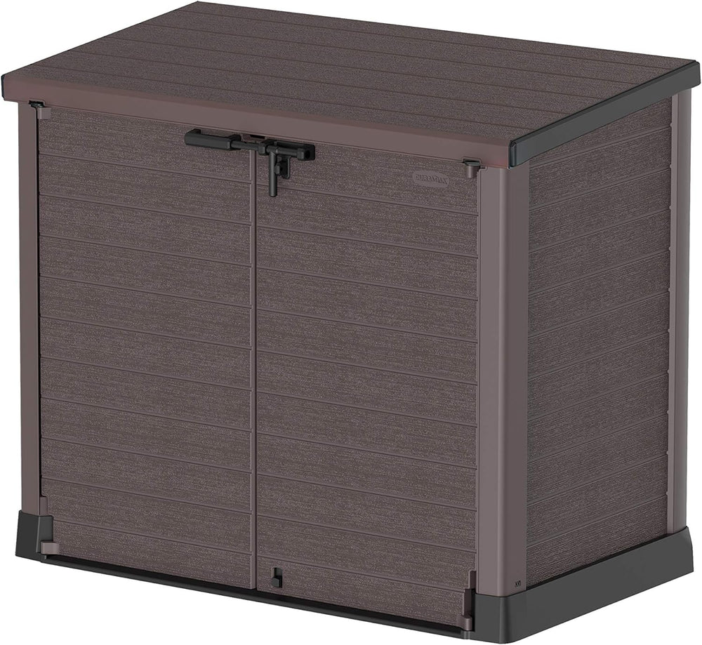 Duramax StoreAway 1200L Plastic Garden Shed/ Flat Lid, Outdoor Storage Shed, Wheelie Bin Hideaways, Wheelie bin box, Durable Construction, Ideal for Bikes, BBQs & 2x 240L Bins, 145x85x125 cm, Brown