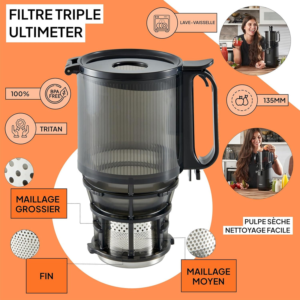 Slow Chewing, Slow Juicer, Fresh and Healthy Juice, Sorbet, Ice Cream, Mouth 75 mm, BPA Free, 240 Watts, Cold Pressure, Stainless Steel Black Fridja f1900