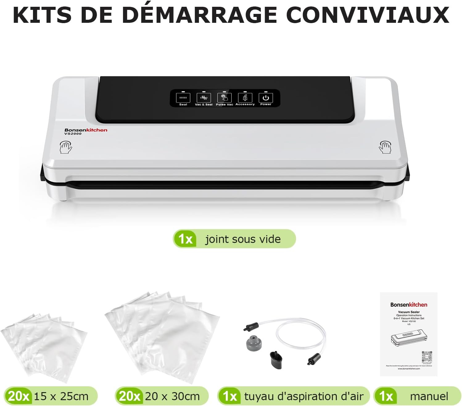 Bonsenkitchen Machine Sous Vide Alimentaire - Appareil de Mise Sous Vide pour La Cuisson Sous Vide et La Conservation des Aliments Frais, Y 40 Compris Les Sacs Sous Vide