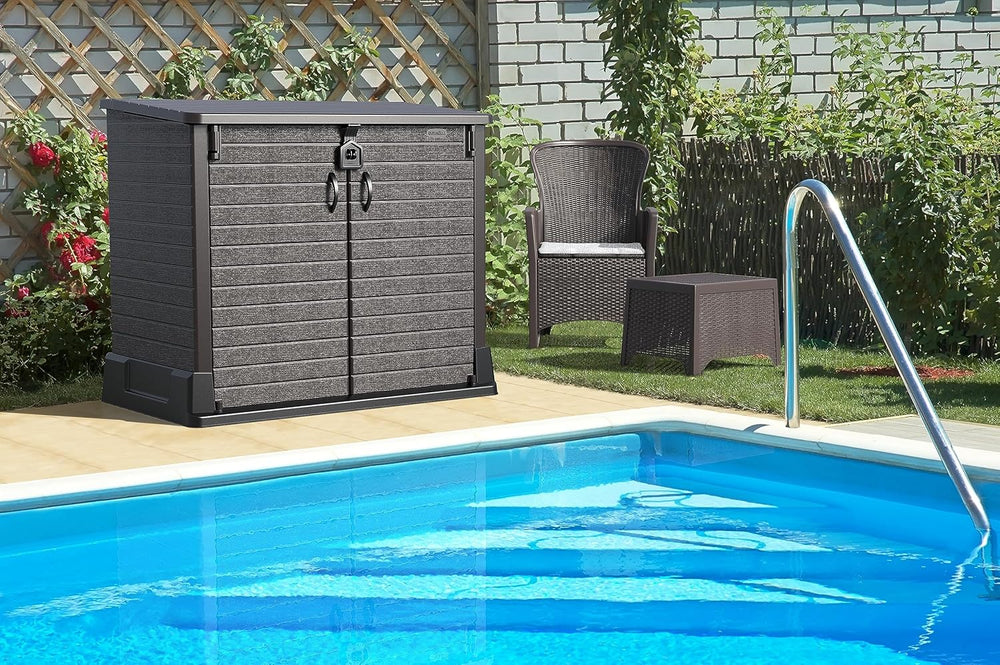 Duramax StoreAway 1200L Plastic Garden Shed/ Flat Lid, Outdoor Storage Shed, Wheelie Bin Hideaways, Wheelie bin box, Durable Construction, Ideal for Bikes, BBQs & 2x 240L Bins, 145x85x125 cm, Brown