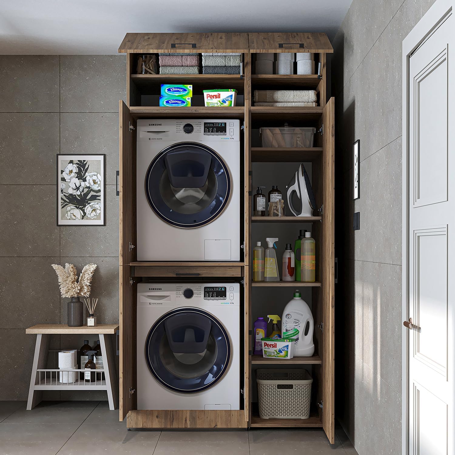 ROOMART Dora - Armoire de machine à laver - Pour sèche-linge et machine à laver - En 4 couleurs - Avec portes et panneau coulissant - Blanc - Chêne blanc - Chêne anthracite - Chêne blanc (chêne blanc)