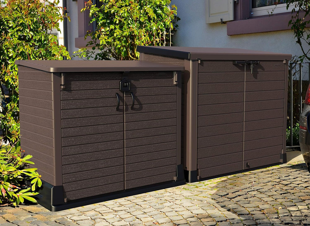 Duramax StoreAway 1200L Plastic Garden Shed/ Flat Lid, Outdoor Storage Shed, Wheelie Bin Hideaways, Wheelie bin box, Durable Construction, Ideal for Bikes, BBQs & 2x 240L Bins, 145x85x125 cm, Brown