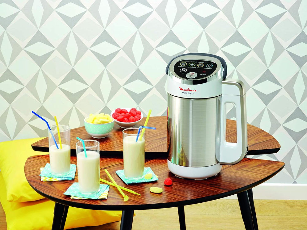 Moulinex Blender chauffant, Mixeur soupe, Puissance 1000 W, Capacité 1,2 L, 5 programmes automatiques, Double paroi, Maintien au chaud 40 min, Livret recettes, Easy Soup, Inox LM841B10