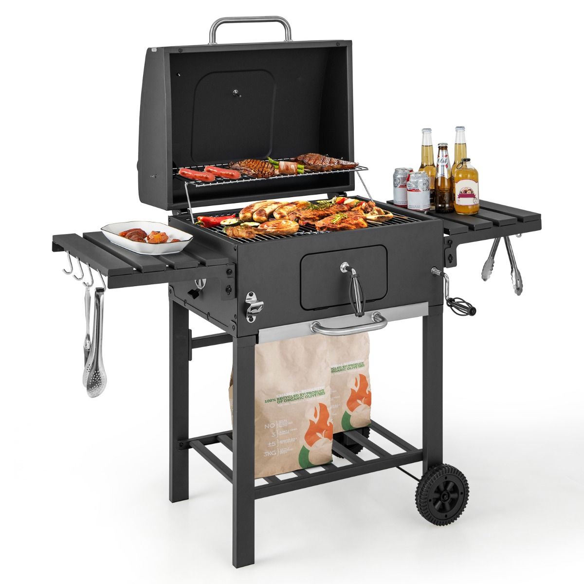 Barbecue à Charbon de Bois Portable avec 2 Tables d'Appoint Noir