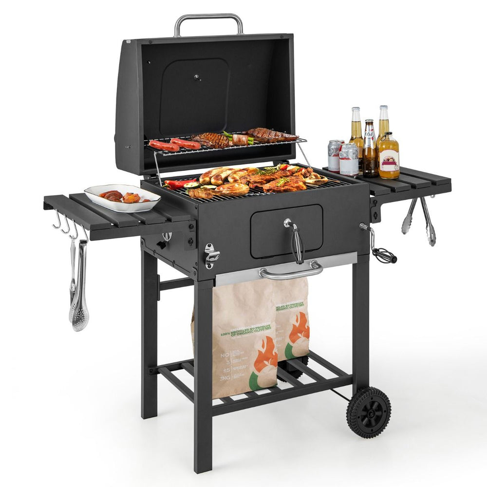 Barbecue à Charbon de Bois Portable avec 2 Tables d'Appoint Noir