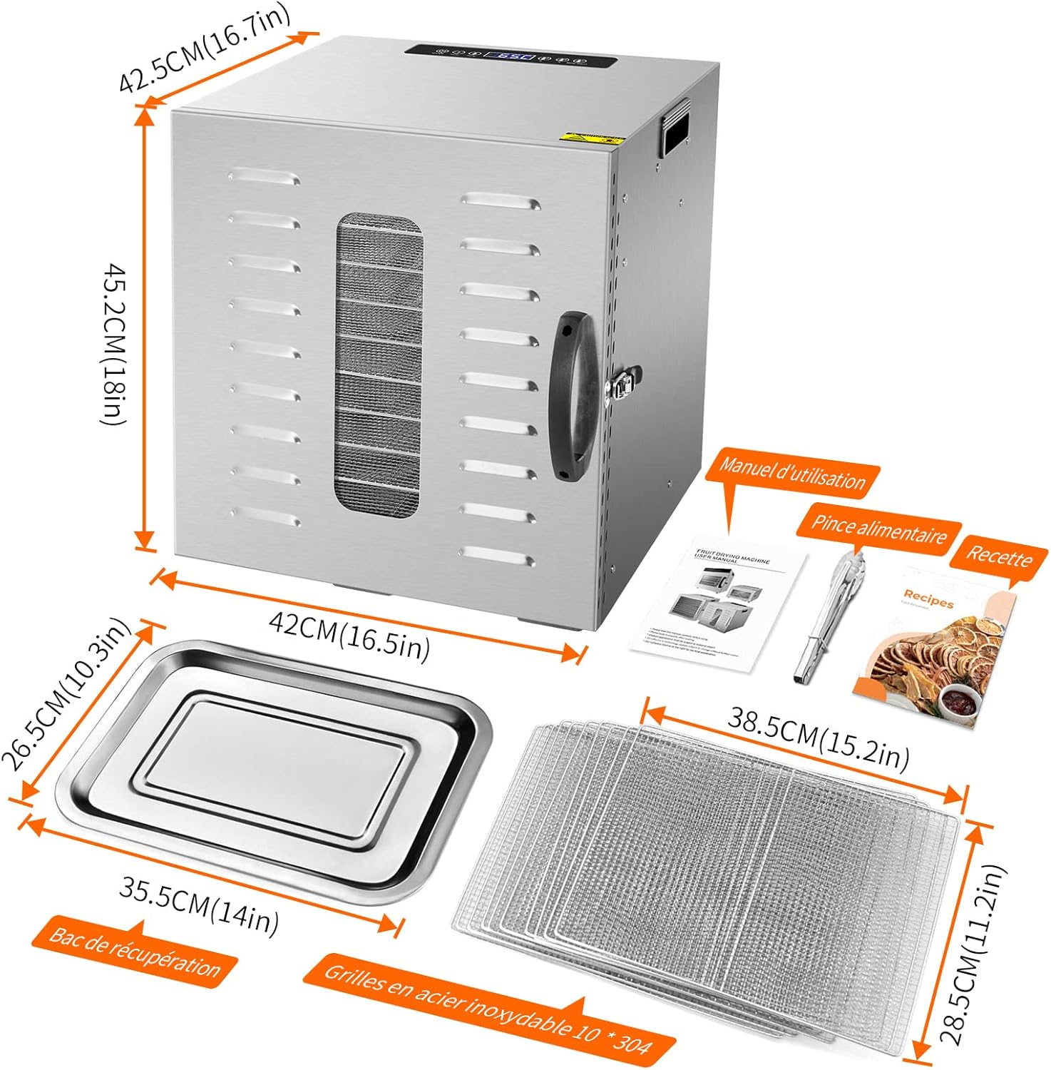 Kwasyo Food Dehydrator, 10 Trays • Desiccator with Timer (24H) • Fruit and Vegetable Dehydrator Adjustable Temperature (30 to 90°C) + 1 x Recipe Book
