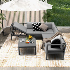 Salon de Jardin Extérieur avec Table Basse en Verre Trempé Canapéavec Dossier Inclinable à 6 Niveaux Coussins Inclus Gris