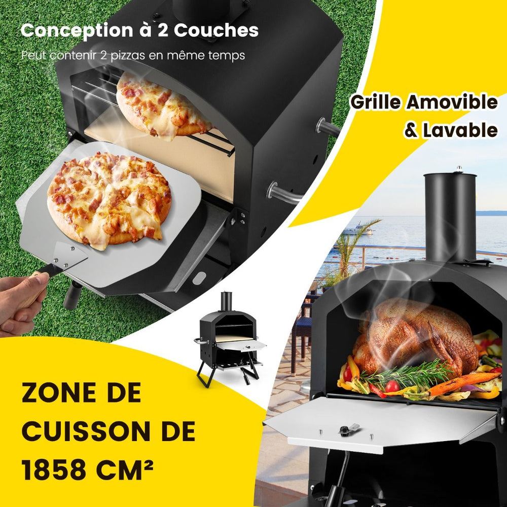 Four à Pizza Extérieur à 2 Couches Etagère du Milieu Amovible avec Pierre à Pizza Grille Pelle Housse Etanche Cheminée -