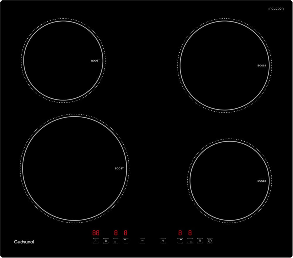 Gudsunal Plaque induction 4 feux, Table de Cuisson Encastrable,7200W, 9 niveaux de chauffage,Boost, Minuterie, Arrêt automatique, Verrouillage de sécurité enfant