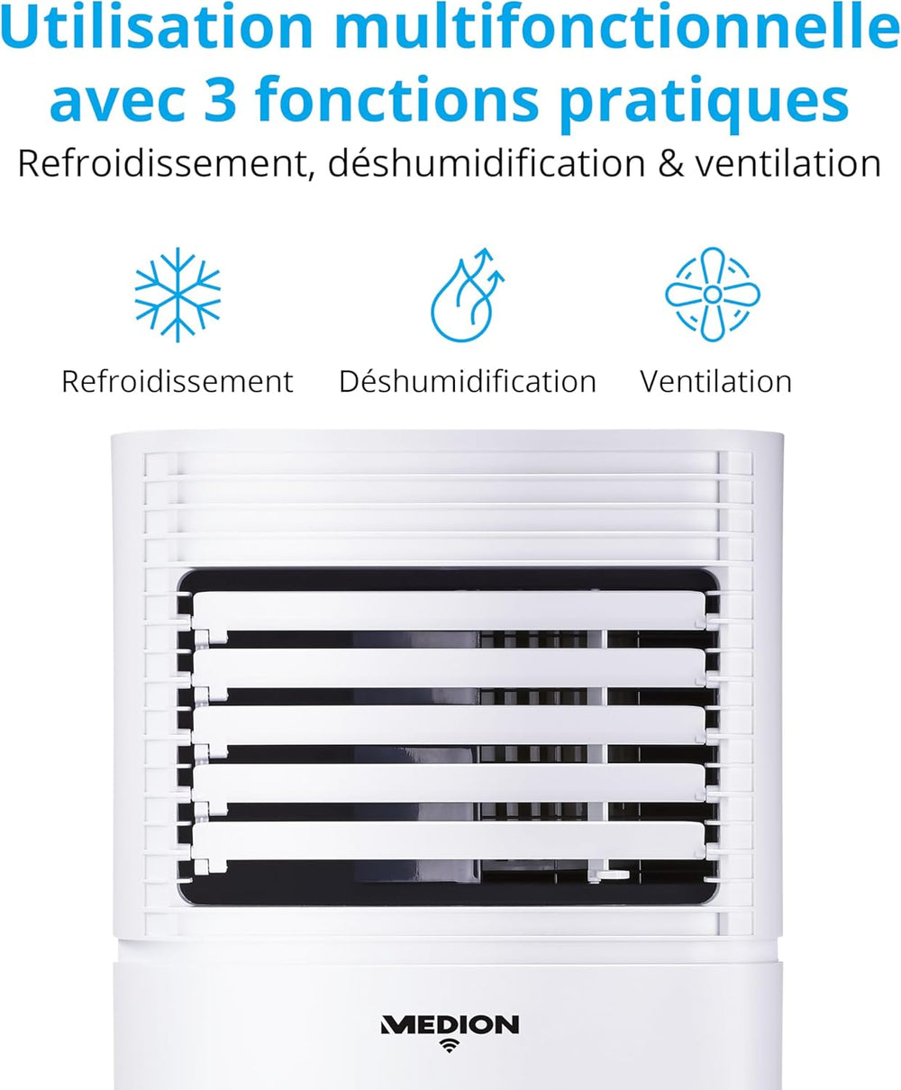 MEDION Smart Climatiseur Mobile P1002 (10000 BTU, 3-en-1, Refroidir, Déshumidification, Ventilation, jusqu'à 34m², kit de joint de fenêtre, mode sommeil, contrôle Wifi, Télécommande, Écran, MD 37733)