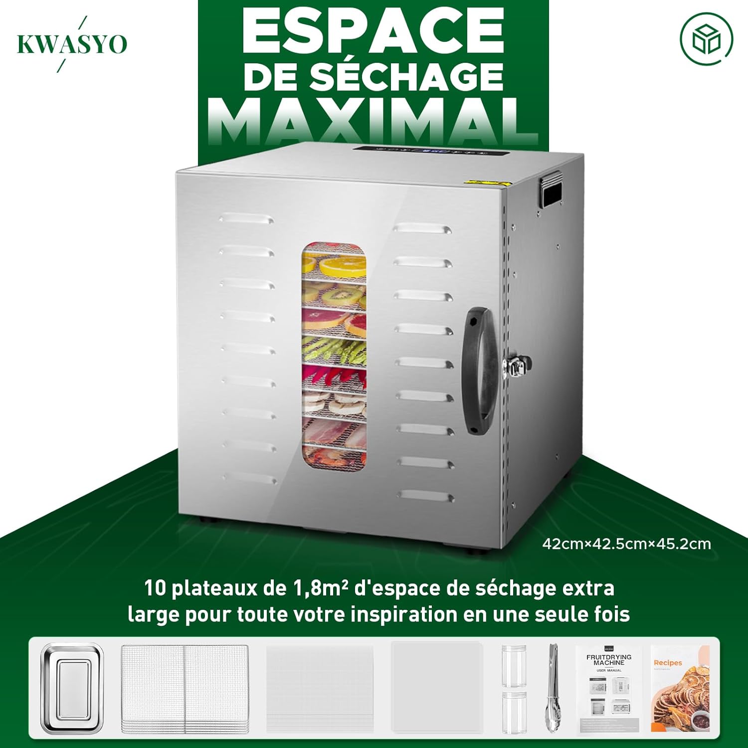 Kwasyo Food Dehydrator, 10 Trays • Desiccator with Timer (24H) • Fruit and Vegetable Dehydrator Adjustable Temperature (30 to 90°C) + 1 x Recipe Book
