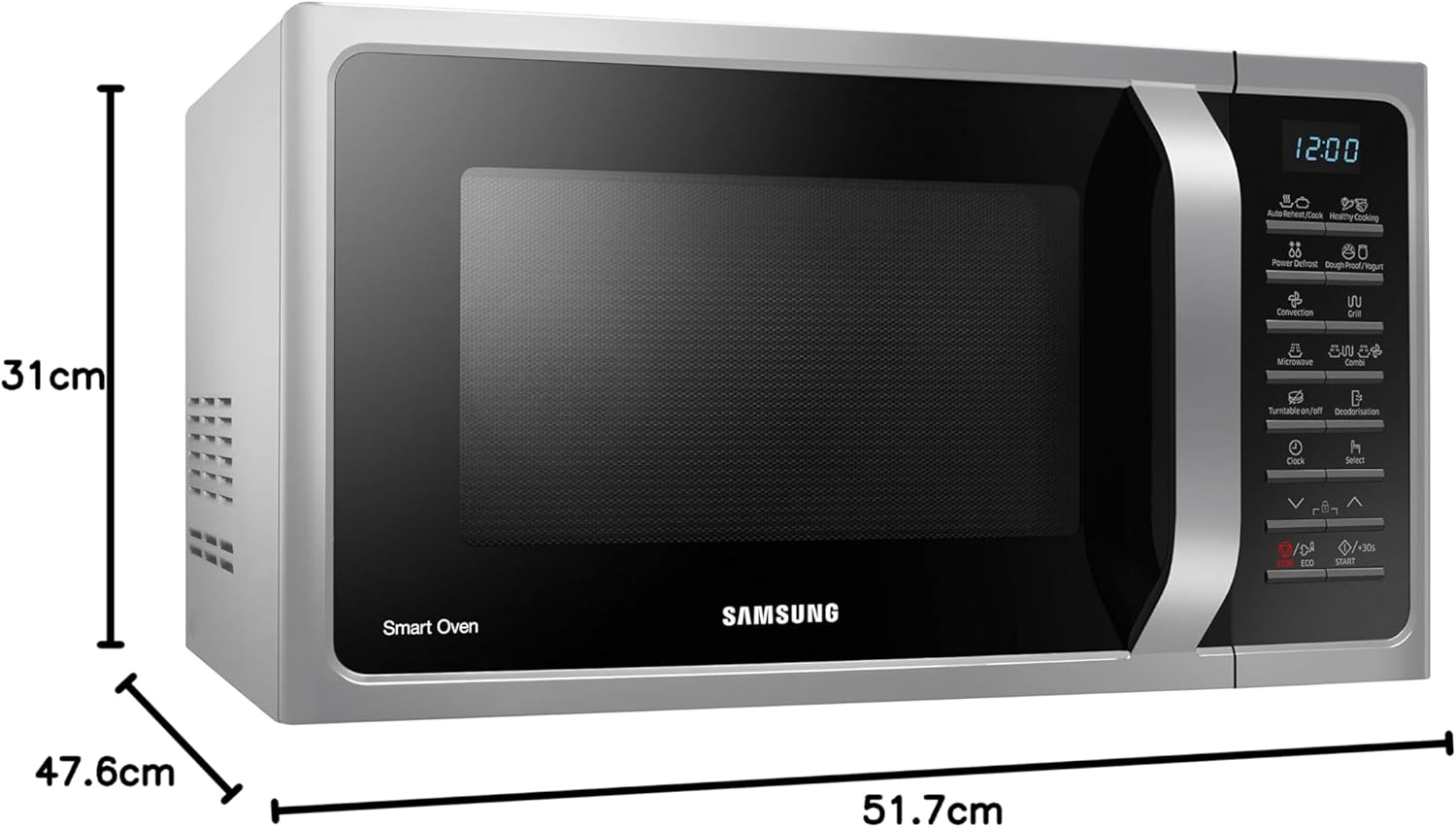 Samsung MC28H5015CS Micro-ondes Combiné, SmartOven, 900 W, Grill 1500 W, 28 L, 51,7 x 31 x 47,6 cm, Argent