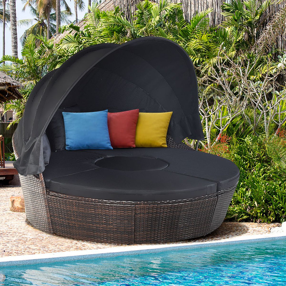 Lit de Jardin Rond d'Exterieur Table Relevable Modulable & Convertible - Pare Soleil Réglable rotin PE Coussins Inclus Noir