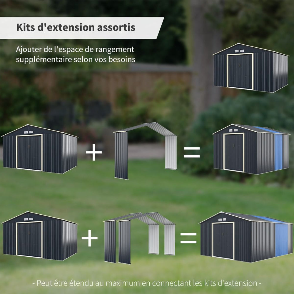 Abri de Jardin en Métal & Extension 10.85㎡ avec 2 Portes Coulissantes Verrouillables 4 Trous d’Aération Gris pour Vélo