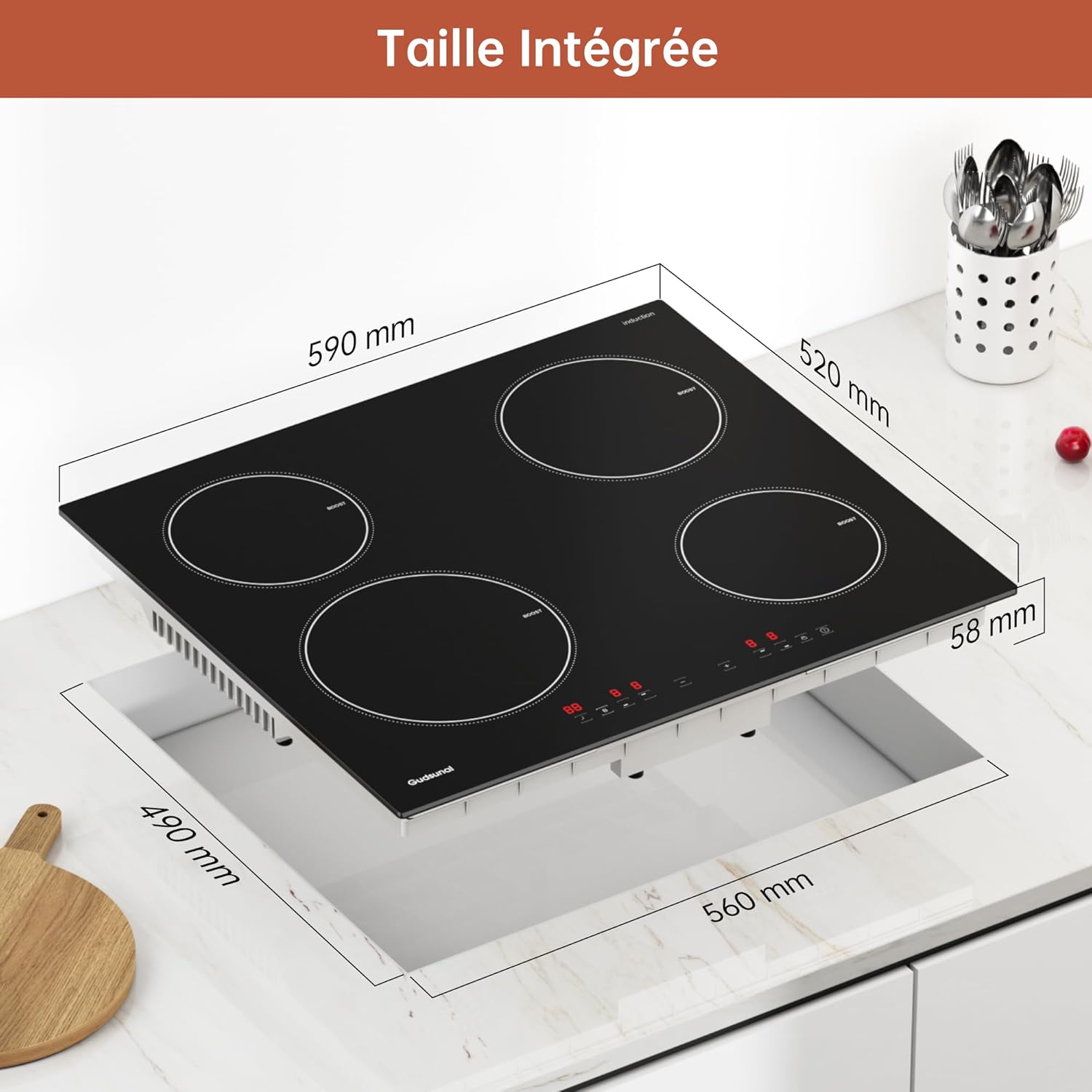 Gudsunal Plaque induction 4 feux, Table de Cuisson Encastrable,7200W, 9 niveaux de chauffage,Boost, Minuterie, Arrêt automatique, Verrouillage de sécurité enfant