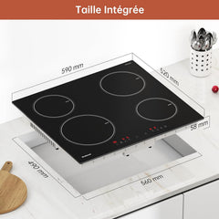 Gudsunal Plaque induction 4 feux, Table de Cuisson Encastrable,7200W, 9 niveaux de chauffage,Boost, Minuterie, Arrêt automatique, Verrouillage de sécurité enfant