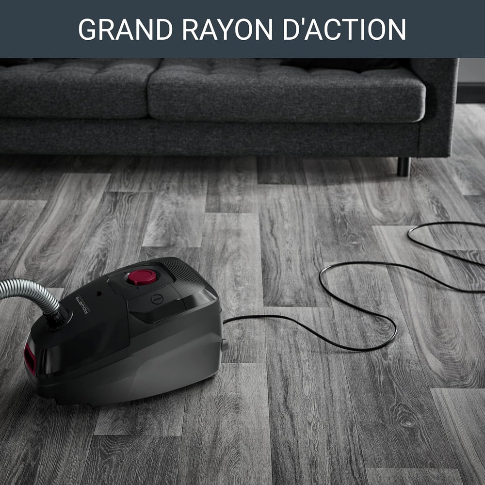 Rowenta Green Force Max Silence Vacuum Cleaner with Bag, 900 W Max, High Filtration, Quiet, Eco-Responsible, Made in France, Black/Aluminium RO6136EA