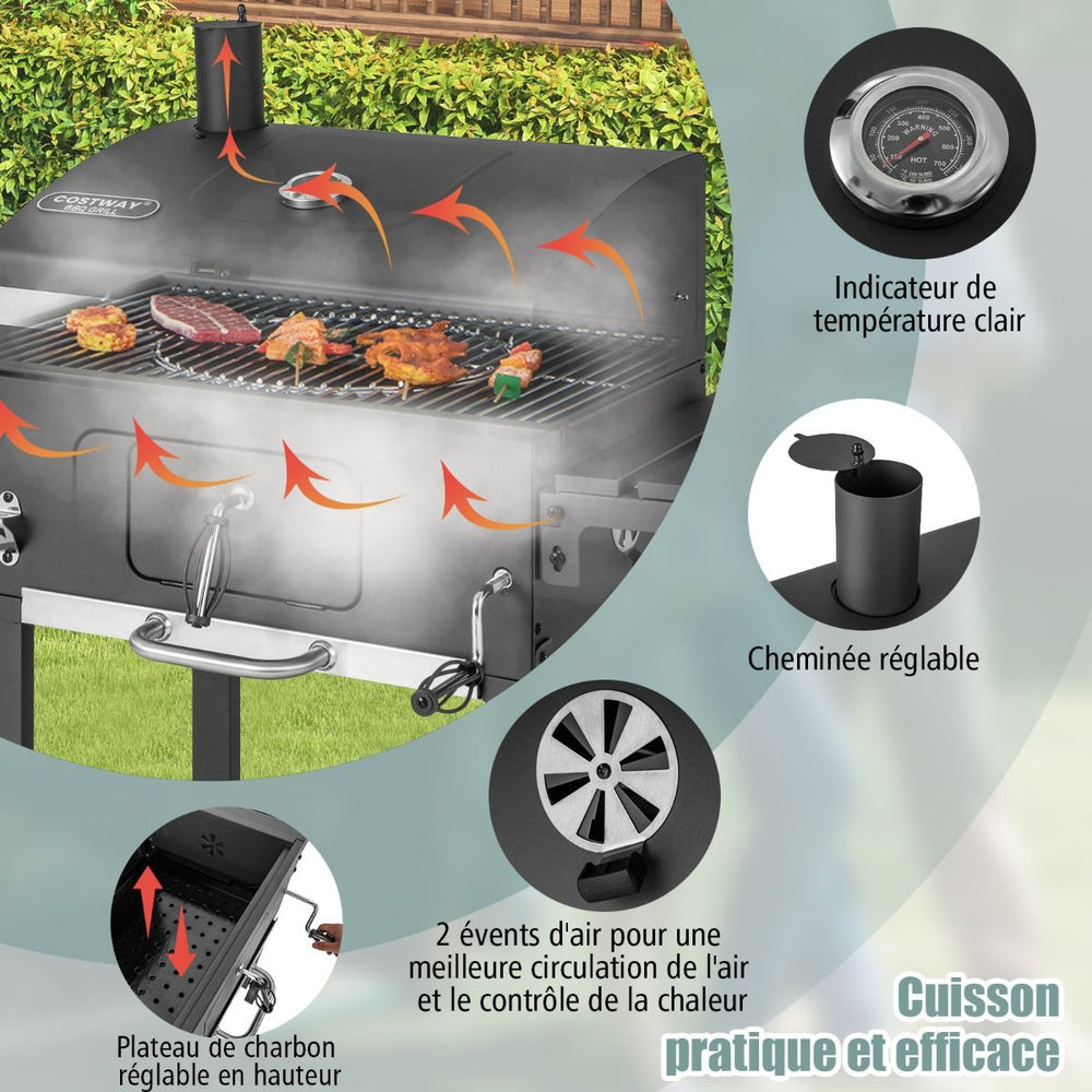 Barbecue à Charbon de Bois Portable avec 2 Tables d'Appoint Noir
