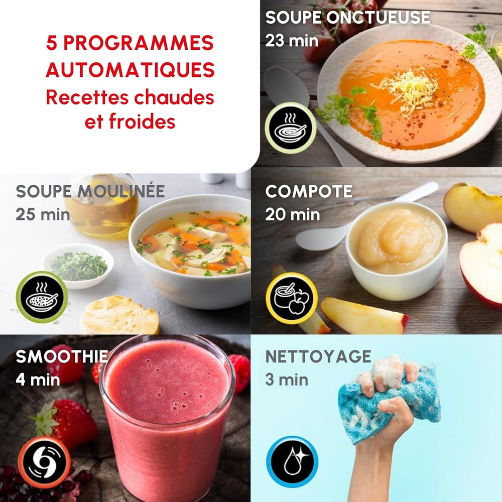 Moulinex Blender chauffant, Mixeur soupe, Puissance 1000 W, Capacité 1,2 L, 5 programmes automatiques, Double paroi, Maintien au chaud 40 min, Livret recettes, Easy Soup, Inox LM841B10
