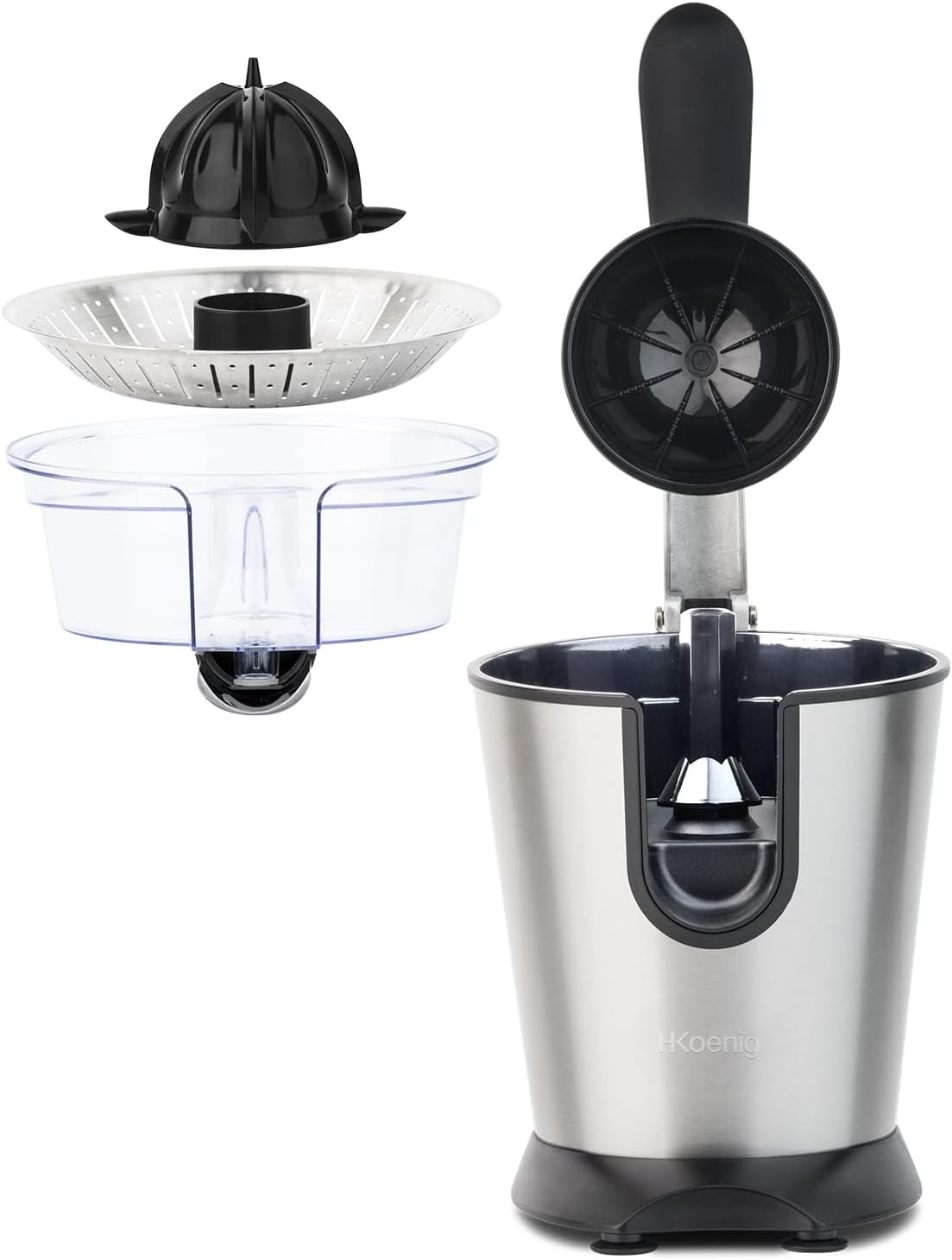 H.Koenig AGR80 160W Professional Electric Citrus Juicer Stainless Steel Lever and Filter Drip Free BPA Free Dishwasher Safe Parts