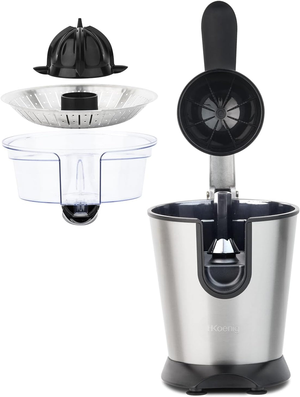 H.Koenig AGR80 160W Professional Electric Citrus Juicer Stainless Steel Lever and Filter Drip Free BPA Free Dishwasher Safe Parts