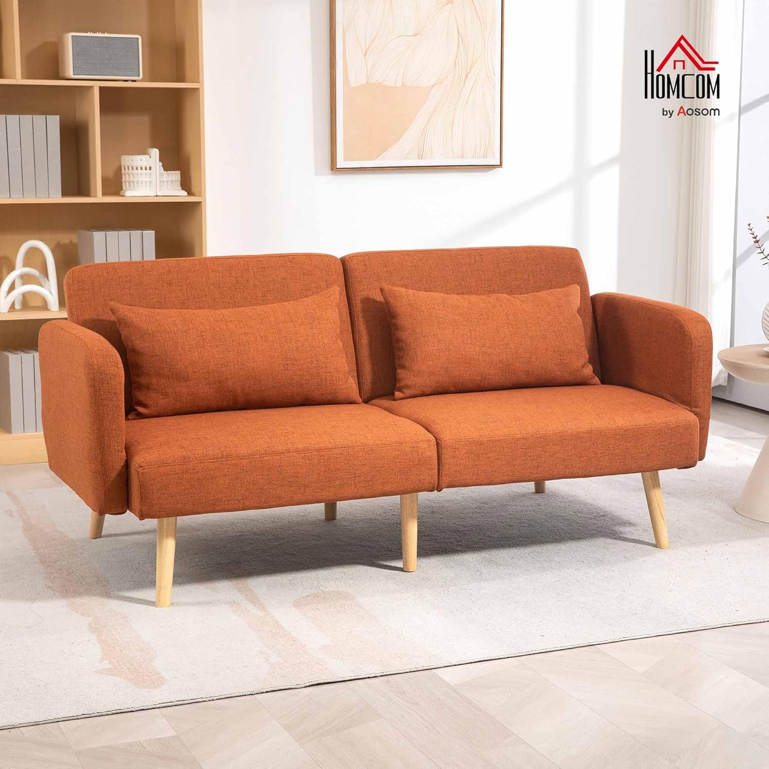 HOMCOM Canapé Convertible 3 Places, canapé-lit 2 Places, Dossier inclinable et accoudoirs réglables, canapé clic clac en Tissu Effet Lin, Pieds en Bois Massif, 2 Coussins lavables, Marron